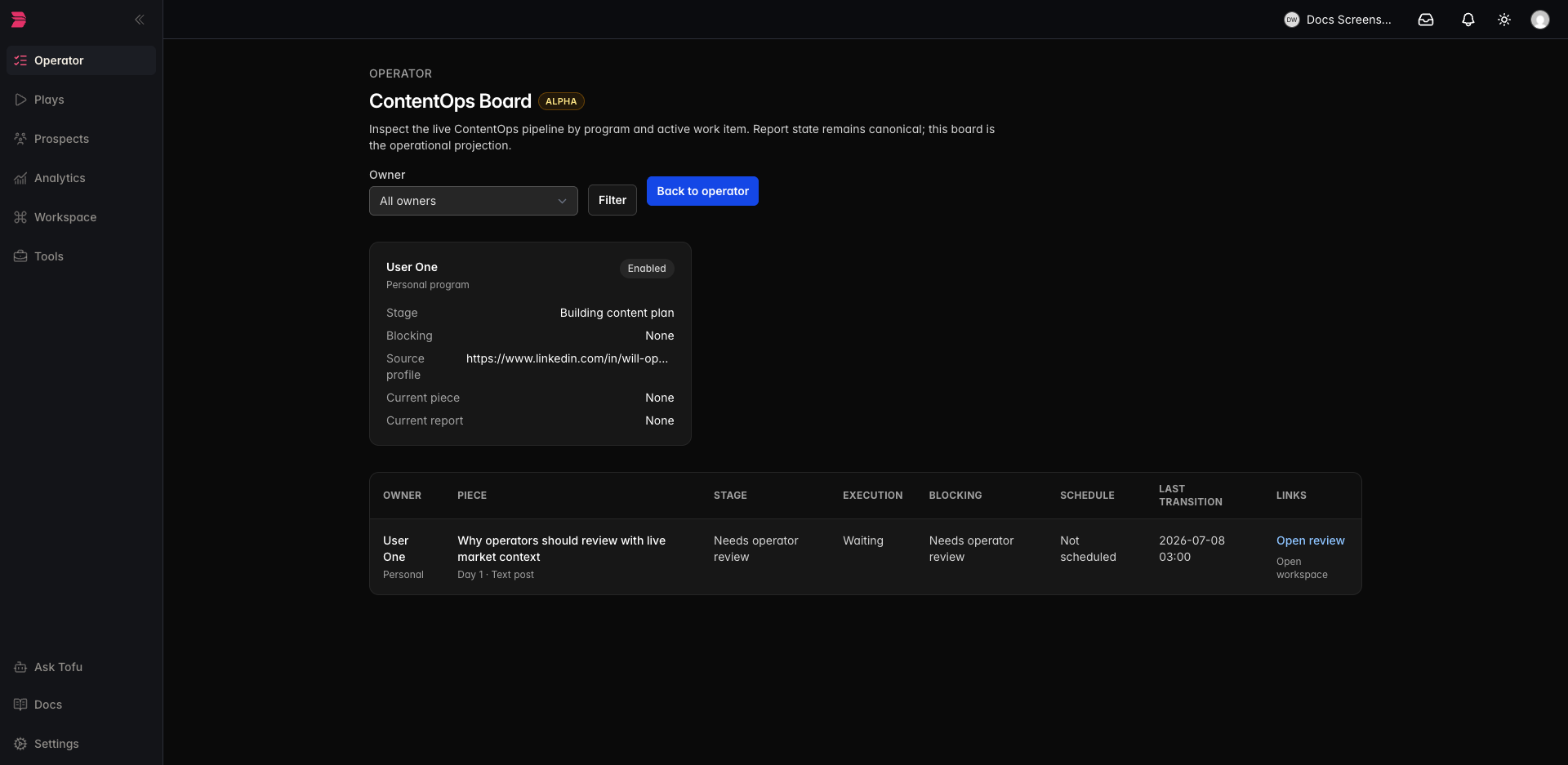ContentOps board showing active programs and work items in the content pipeline